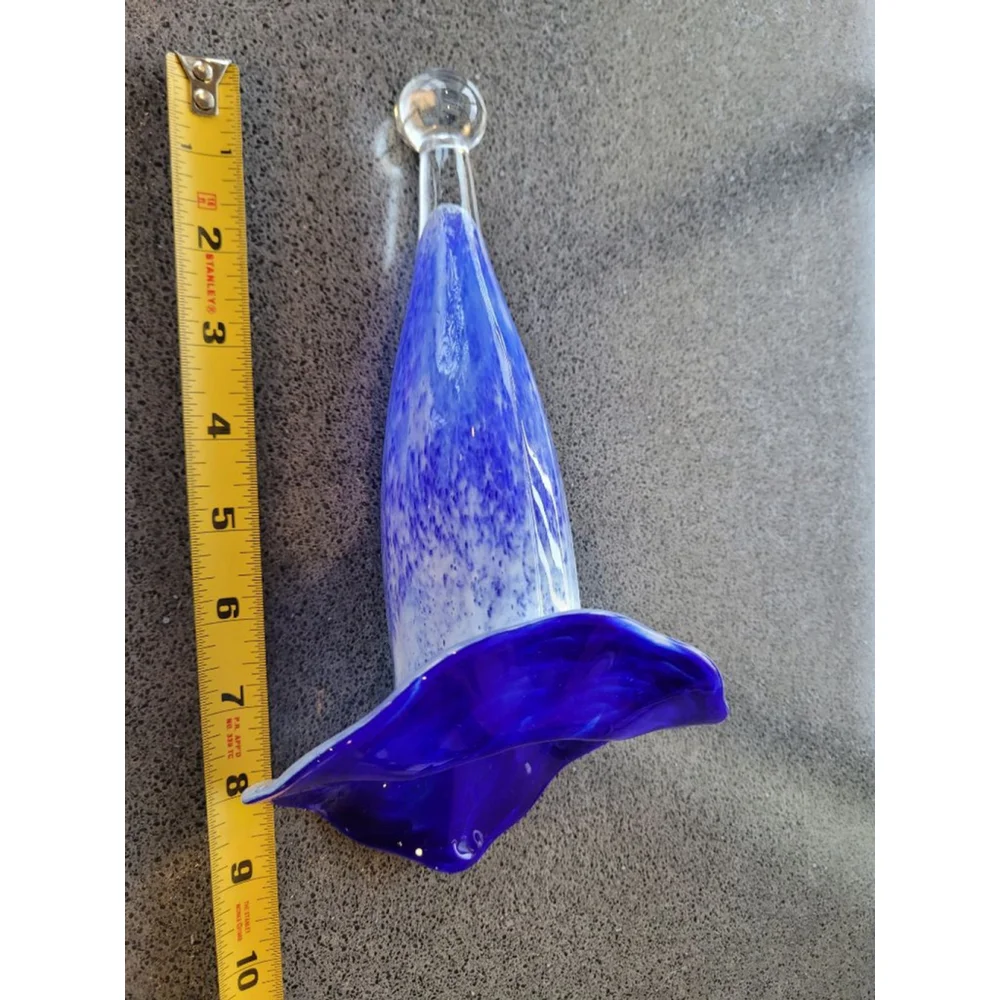 Signed Studio Art Glass Cobalt Blue Trumpet Vase White Splatter 9in